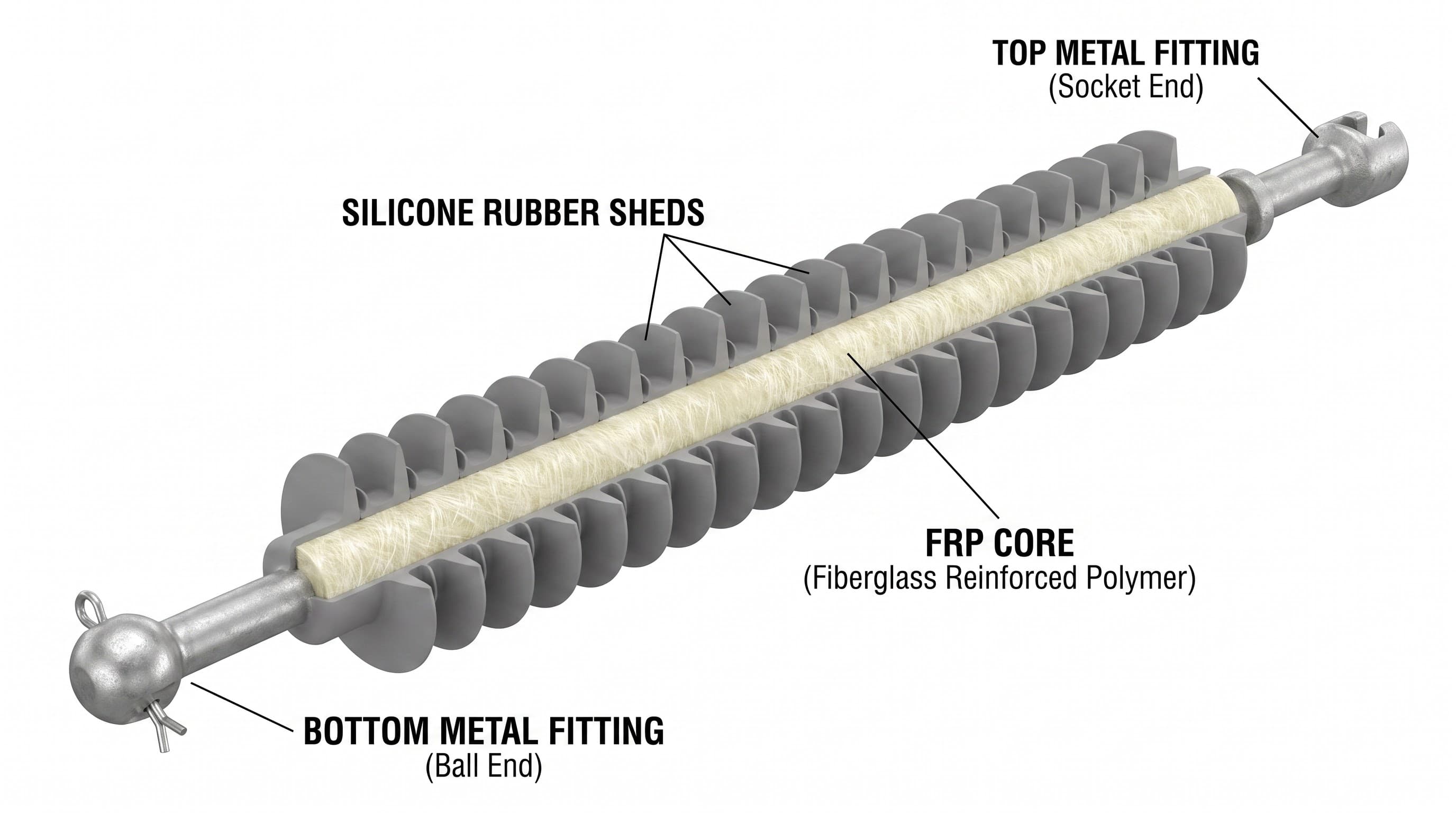 Construction of a composite polymer suspension insulator showing the FRP core, silicone rubber sheds and metal end fittings